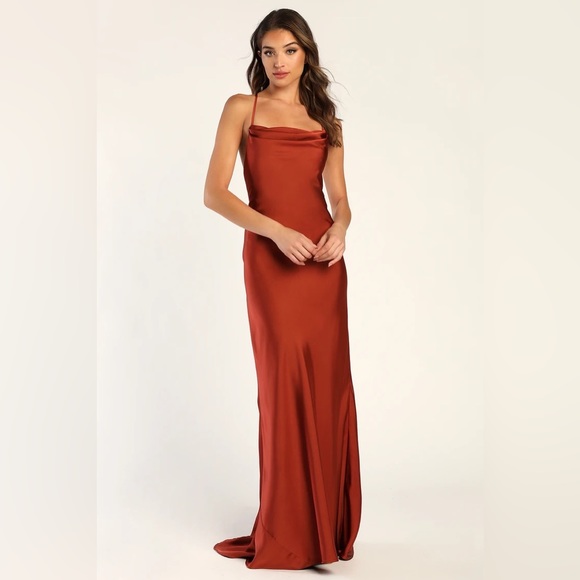 Lulus Dresses & Skirts - Lulus Connected At Heart Rust Brown Satin Cowl Neck Lace-Up Maxi Dress
